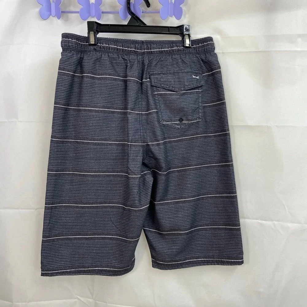 Hurley youth boy's gray black striped pocket drawstring lined swimsuit trunks XL